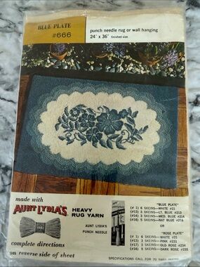 Aunt Lydia's Blue Floral Punch Needle Rug Pattern. Vintage Latch Hook Rug Kit!